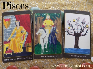 Queen of Pentacles, The Chariot, Three of Cups