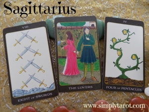 Eight of Swords, The Lovers, Four of Pentacles