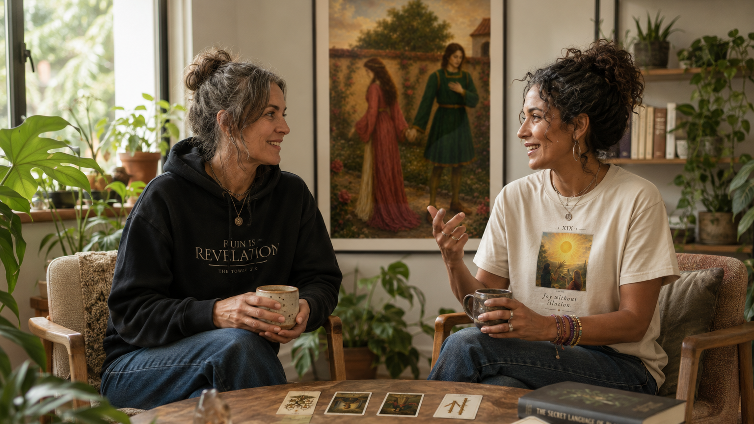 Two women sitting in a cozy room with plants and books, wearing Simply Tarot apparel engaged in conversation.
