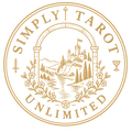A circular gold-toned logo or emblem reading “SIMPLY TAROT UNLIMITED,” featuring an illustrated castle, river, trees, flowers, sword, cup, wand and pentagram on a white background.