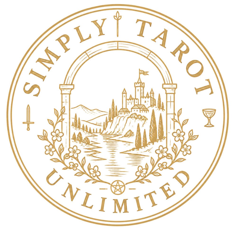 A circular gold-toned logo or emblem reading “SIMPLY TAROT UNLIMITED,” featuring an illustrated castle, river, trees, flowers, sword, cup, wand and pentagram on a white background.
