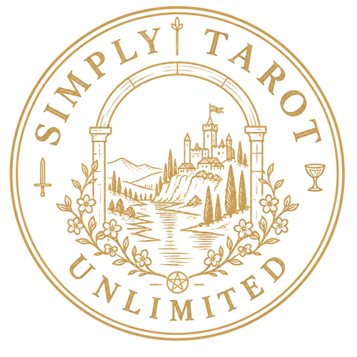 A circular gold-toned logo or emblem reading “SIMPLY TAROT UNLIMITED,” featuring an illustrated castle, river, trees, flowers, sword, cup, wand and pentagram on a white background.
