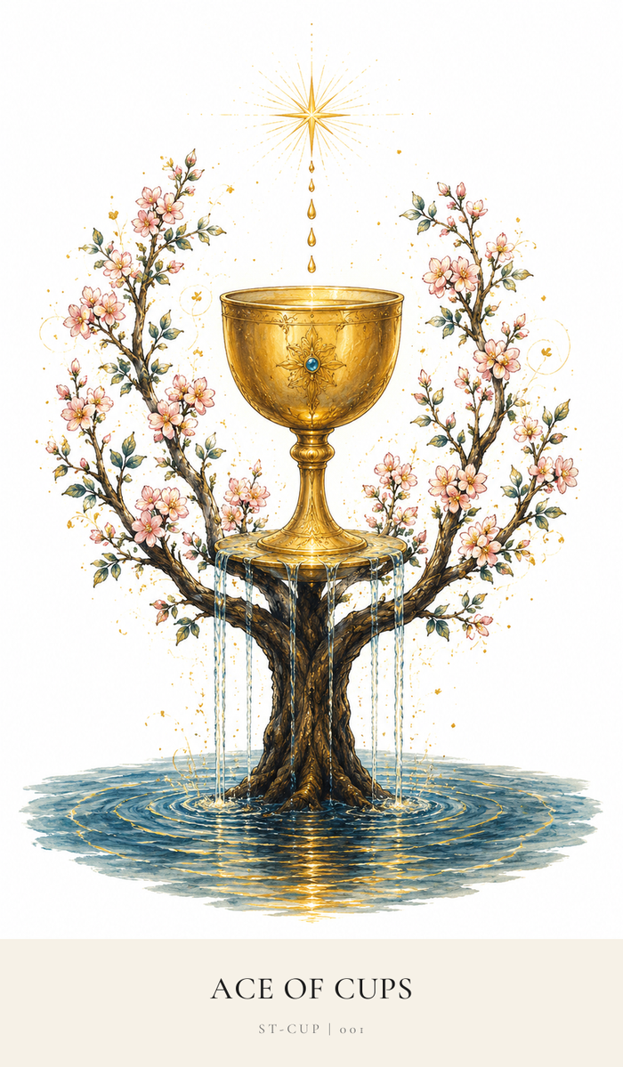 One large Cup sits nestled in a tree of leaves and pink blooms. Its base in the water below. Water flows from the Cup back into the water, and drips fall from a tiny star above the tree.