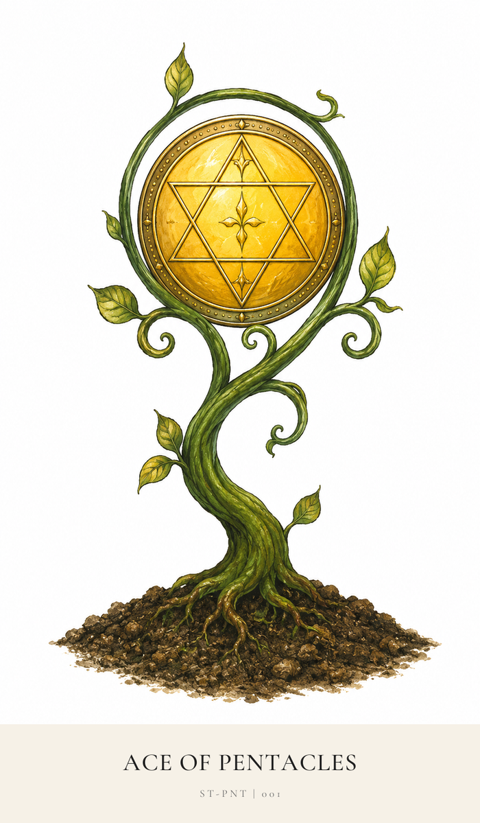 A large single gold Pentacle with a six pointed star shape is held securely in a curling vine which has a few leaves and strong roots in the ground.