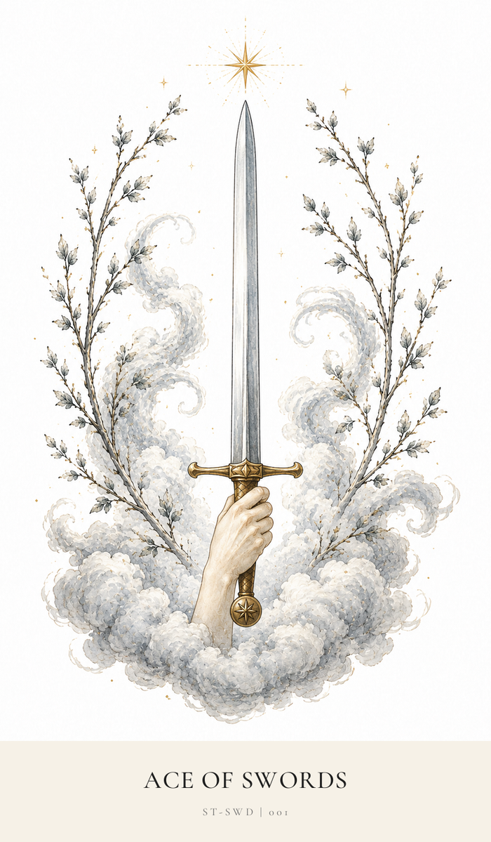 A hand lifts a single Sword through light clouds. There are budding branches to the sides showing the possibility of further growth
