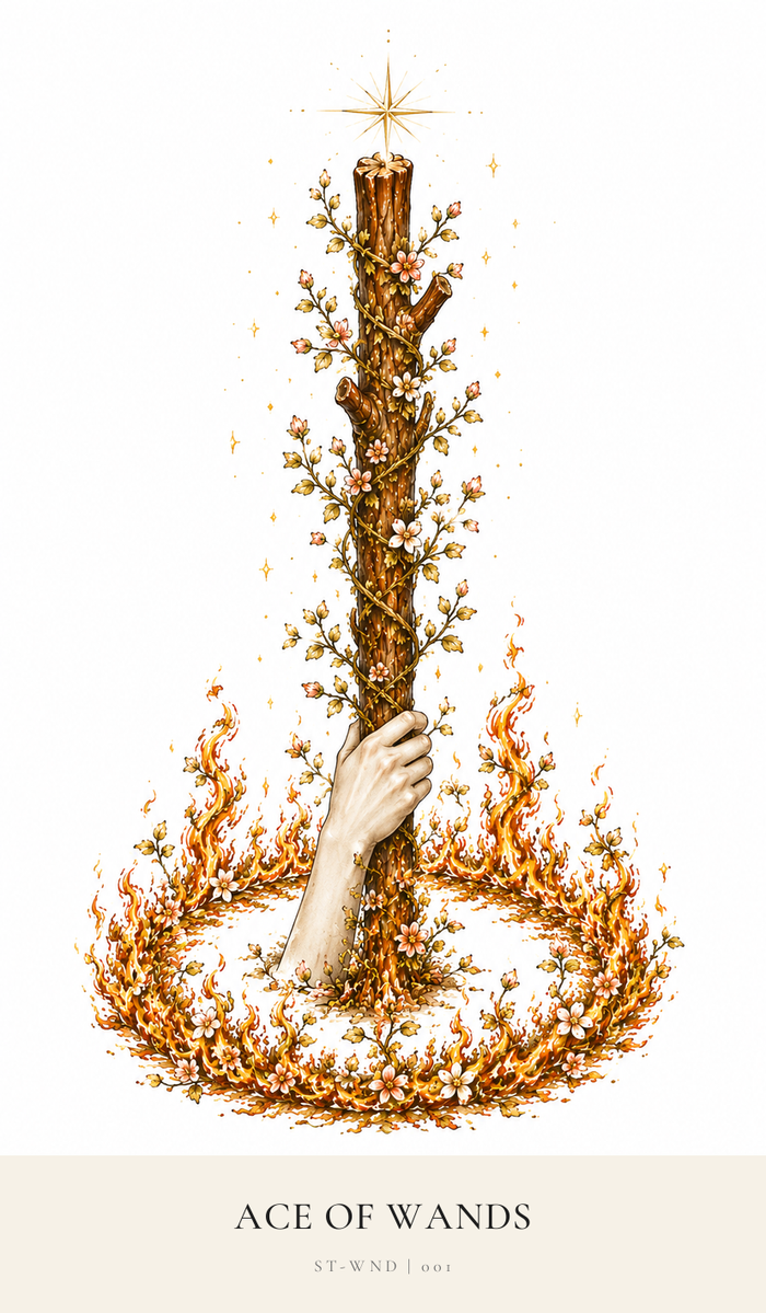 A strong hand holds up a large Wand in a circle of fire which flickers with lively flames. The Wands is bursting with buds and blooms.
