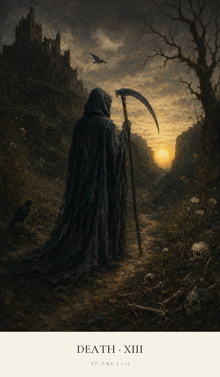 The tarot card of Death is, as most traditionally depicted, a dark hooded faceless figure with a skeletal hand gripping a scythe. He lays waste to everything he passes through.