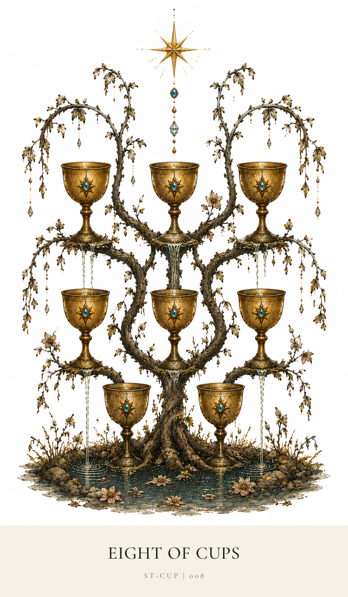 A wilting tree with eight Cups. The water streams from some of the Cups are just a trickle. Soon the Cups will fall from the tree.