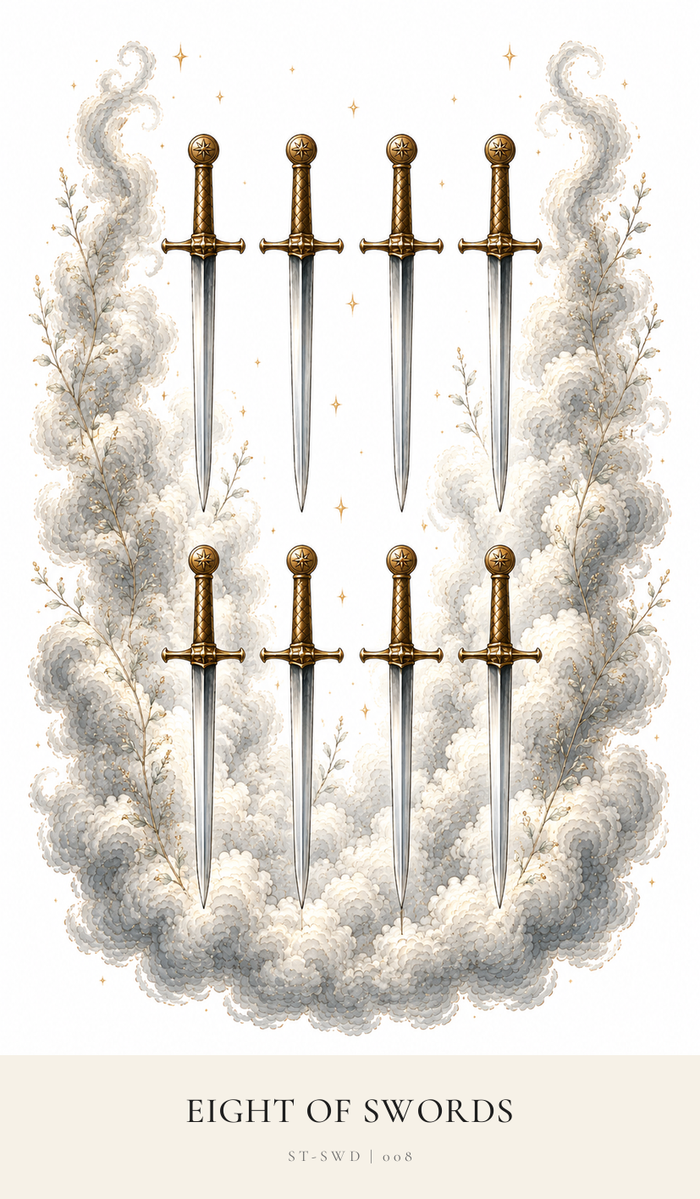 Eight Swords neatly aligned in two rows of four. The Swords all point downwards in the stormy clouds.