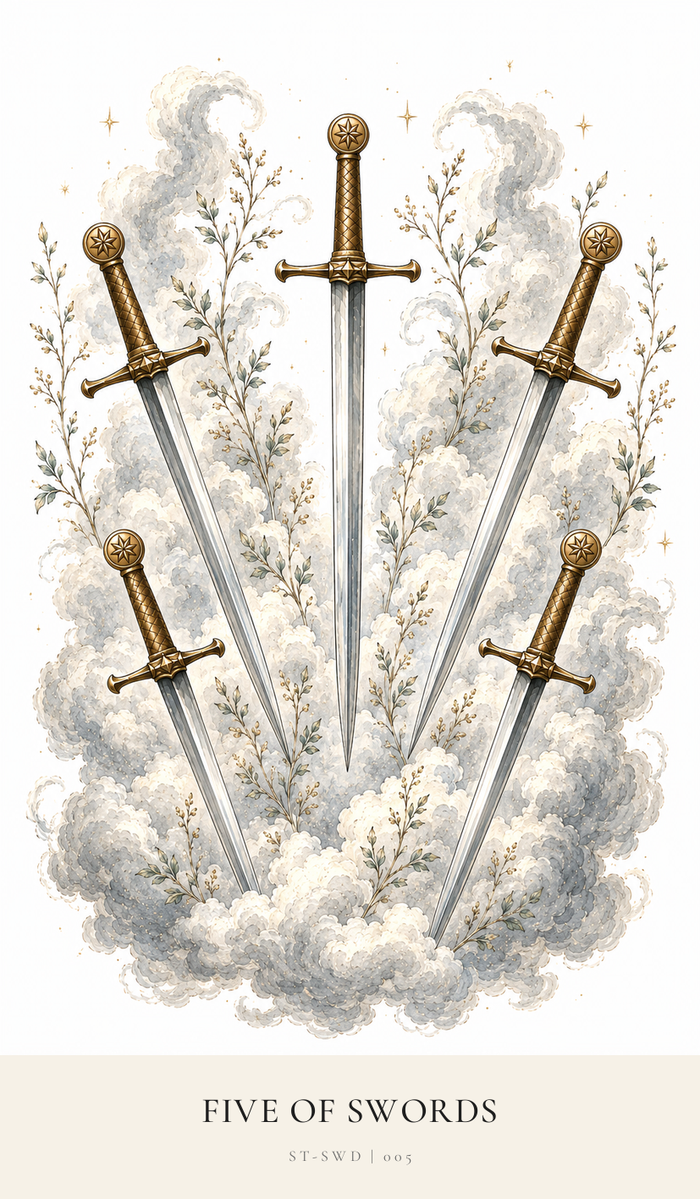 Five Swords are all pointing towards the same direction. The clouds have darkened and increased.