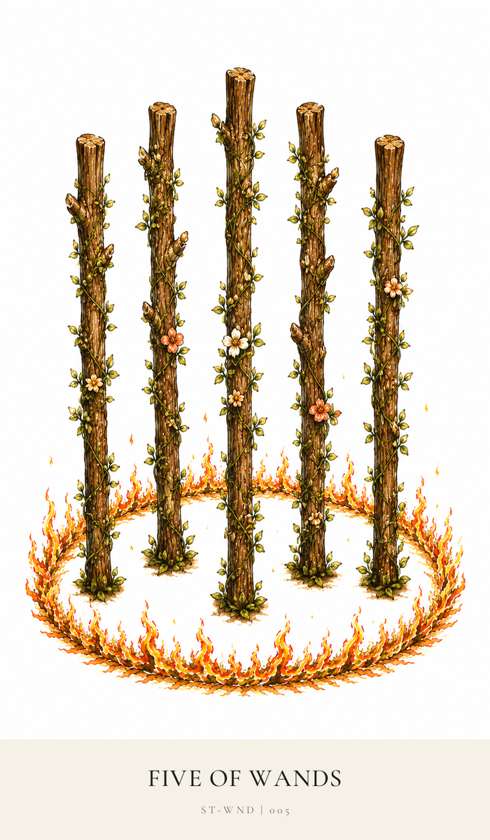 Five Wands stand in a circle of flames, the middle Wand stands taller than the rest. The Wands are rooted in the ground and there are buds and blooms still growing.