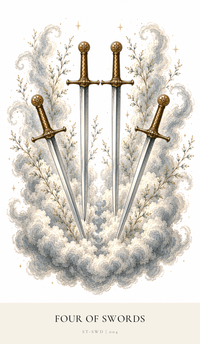 Two Swords pointing straight down, two Swords angle slightly inward. They look as though they are managing to part the fairly dark clouds.