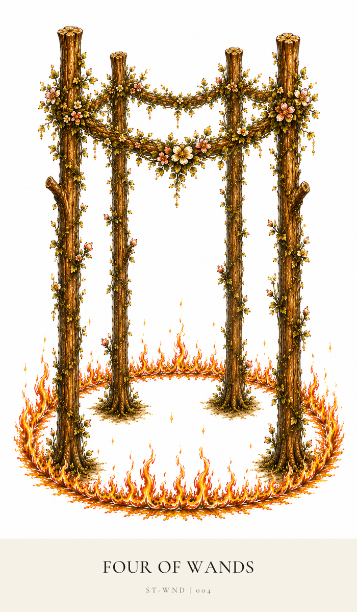 Four large Wands stand rooted in square formation, all budding with life and a wreath sits around the top of the Wands. The flames in the circle of fire around them flicker with high energy.