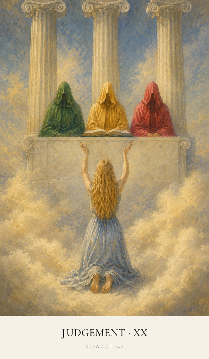 A female kneels before a panel of three hooded figures - their faces unseen. She raises her arms at their Judgement of her. She is thanking or pleading, but we are left wondering which.