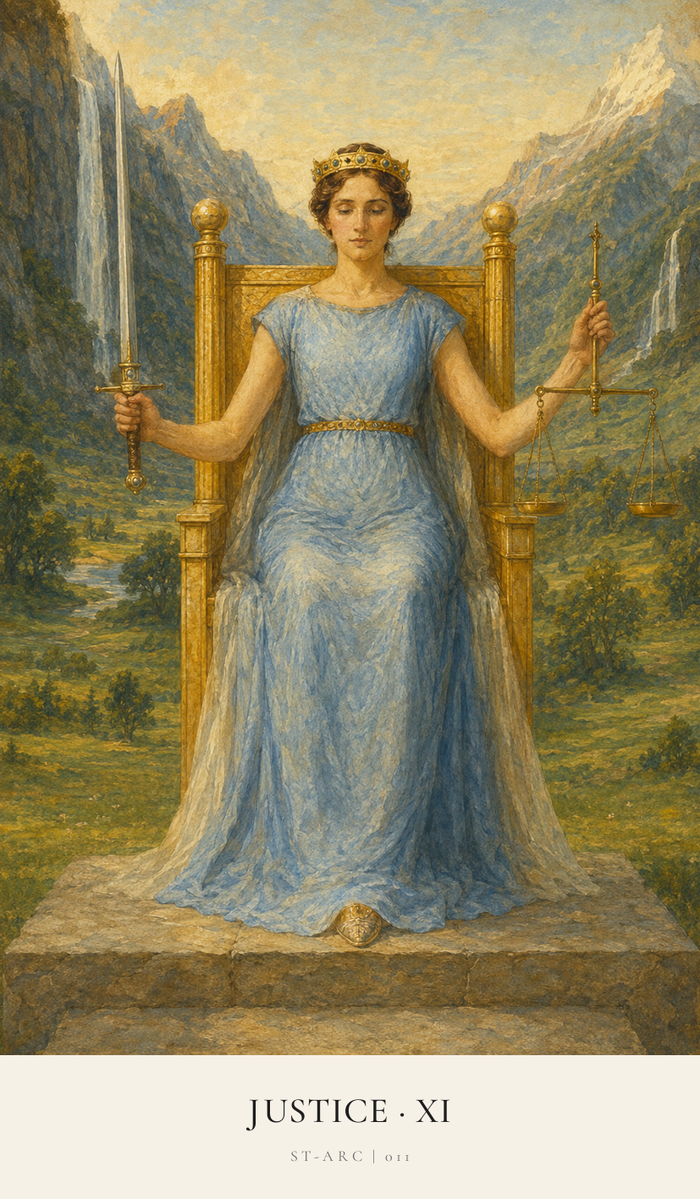Justice, a lady dressed in blue, a gold circlet crown on her brow, sits on a gold throne. She holds a Sword and Scales. Her eyes look down so she will not be swayed by what she sees.