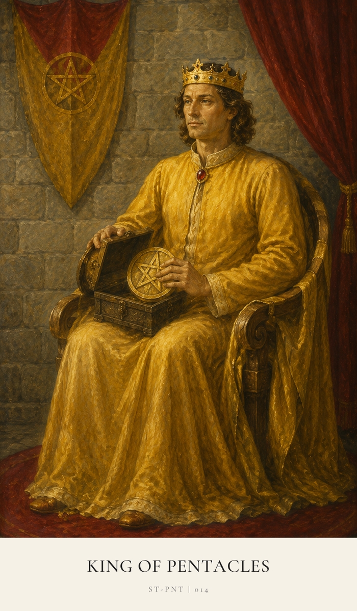 The King of Pentacles sits in his castle on a, red velvet-covered and gold edged, throne. He holds his head up confidently and is not looking at the viewer directly. He is taking out, or putting back, a Pentacle in his personal treasure chest. He is dressed in rich, gold garments.