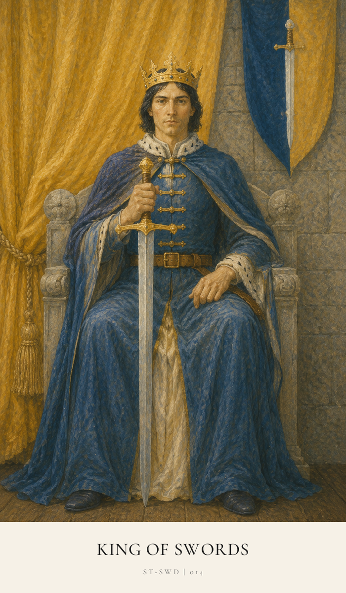 A King sits inside his stone castle on a throne made of the same stone. He looks directly into your eyes. He holds his steel Sword by the hilt at his knee. He is dressed in regal blue with white trimming. He wears a gold crown.
