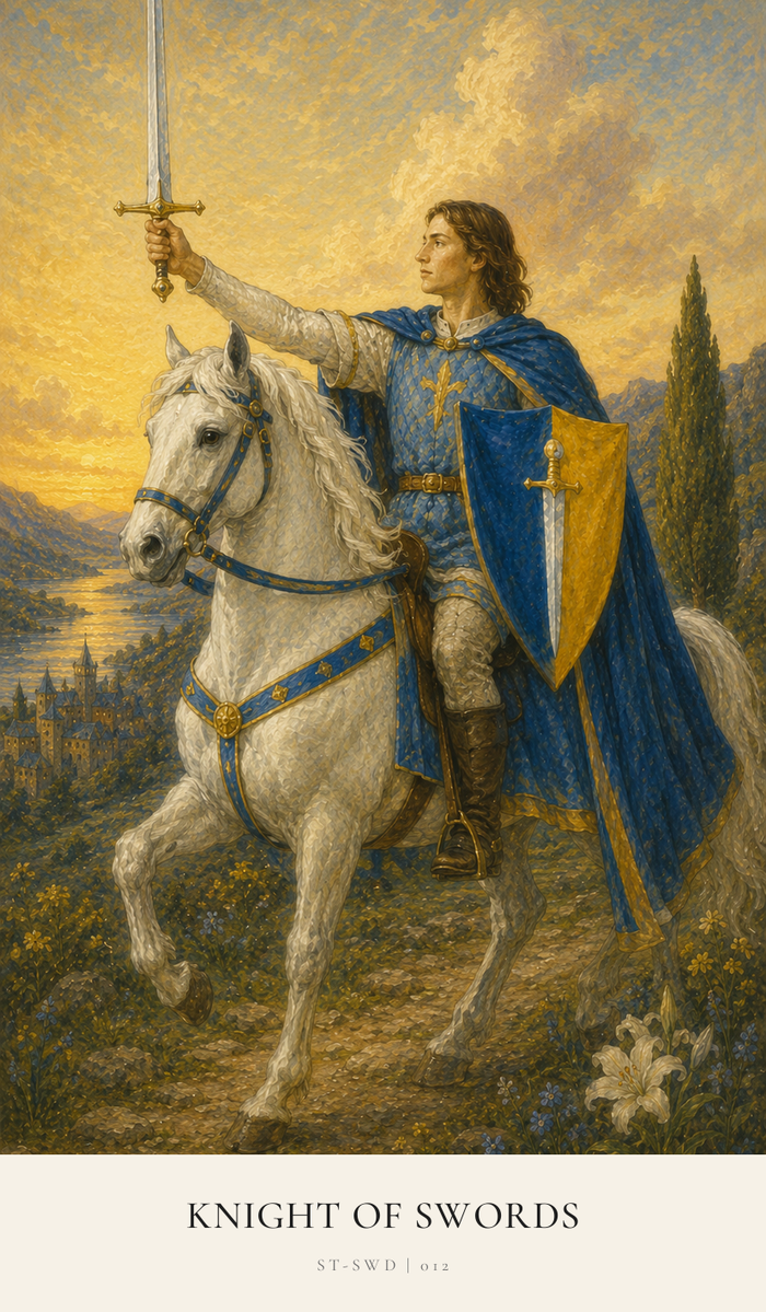A young Knight, clothed in blue, sits on a trotting white horse, searching for excitement around the countryside. He holds aloft his Sword as if to answer a challenge, but no challenge can be seen in the picture.