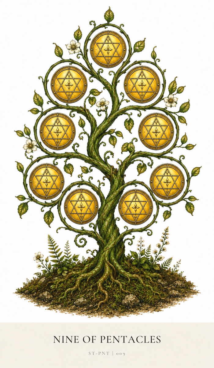 Nine gold Pentacles form a delightful shape within the curling strands of the thriving vine. New leaves, tendrils, and now pretty blossoms, are growing everywhere. The root is grounded, spreading and supporting other flora.