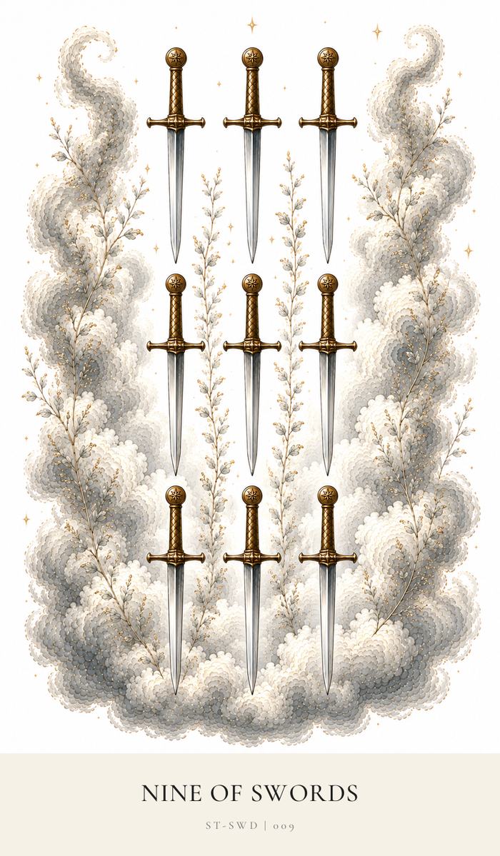 Nine Swords, in three rows of three, point downwards into the dark and stormy clouds. Foliage strands surround the Swords.