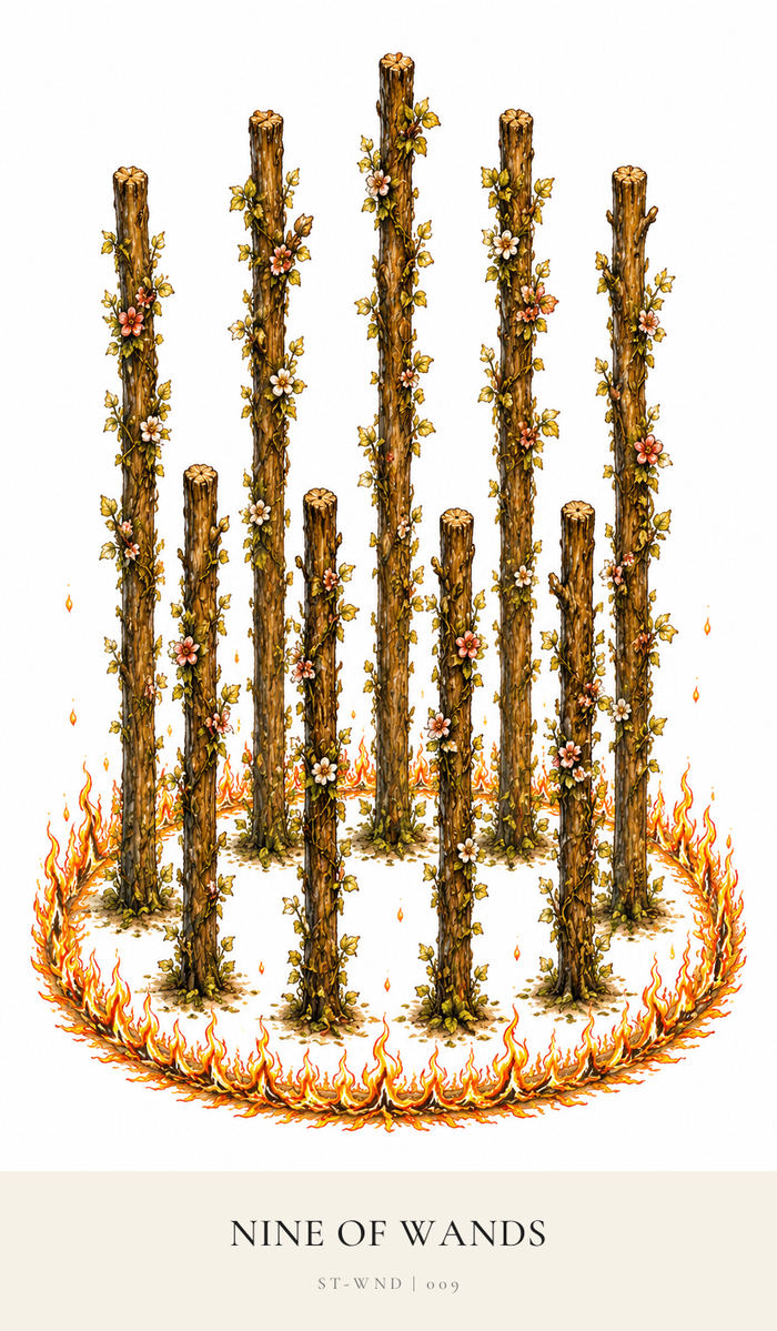 Nine Wands stand in a circle of flames which flicker with energy. All the Wands are rooted in the ground and budding but many are different in height.