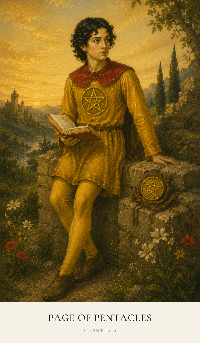 The Page of Pentacles stands in the quiet of the countryside, he holds an open book and looks enquiringly to his left.
