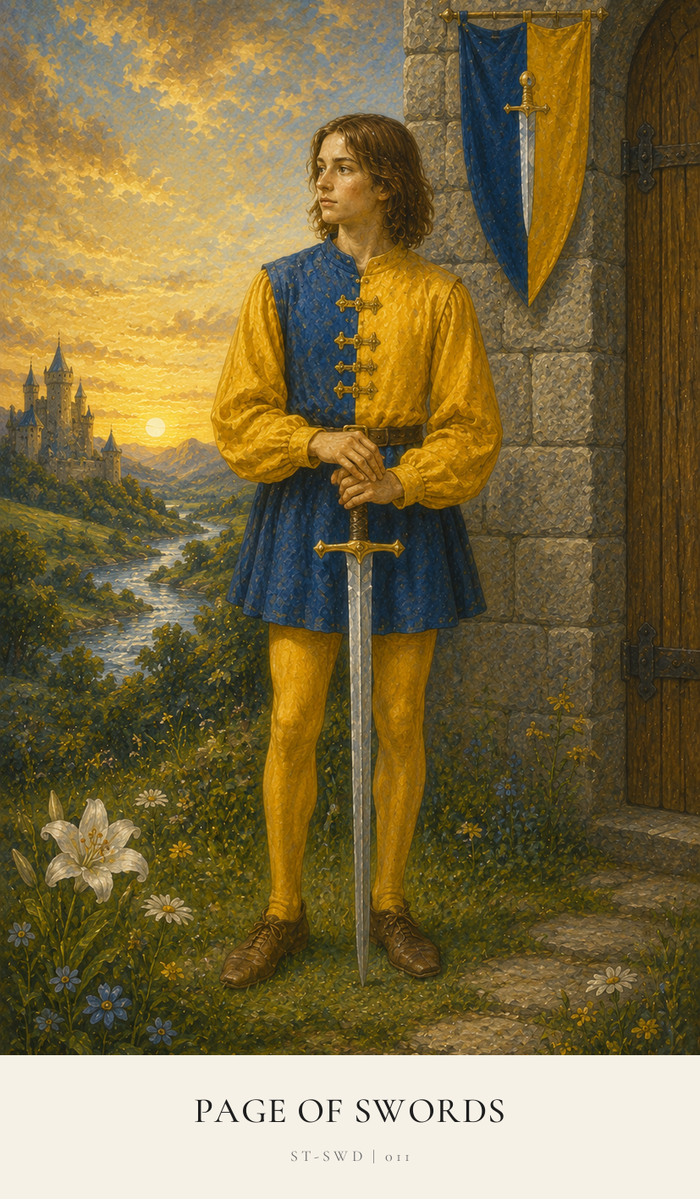 A young boy, dressed as a Page in blue and yellow livery, stands casually leaning on his Sword. There is no clear sight of anything/anyone he is watching or listening to. He doesn't appear to be paying close attention.