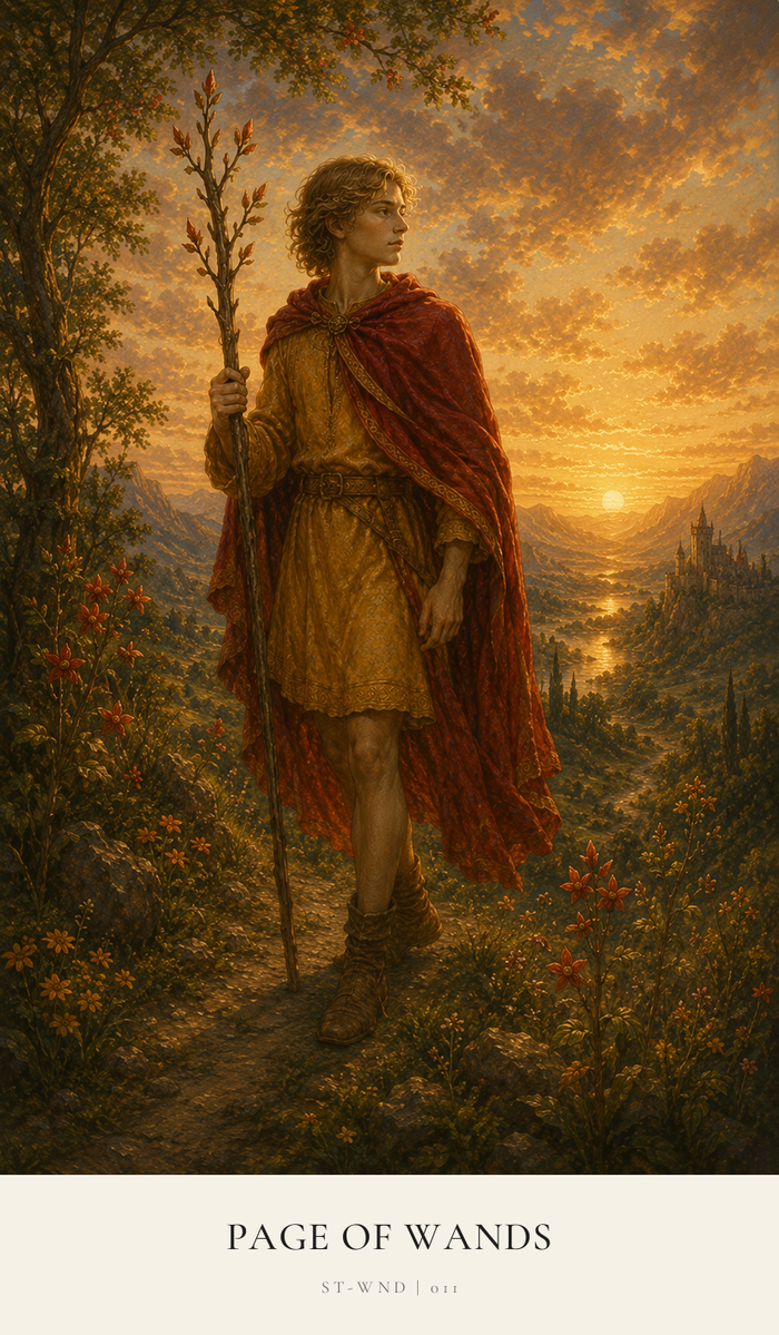 A young Page of Wands wanders alone in the countryside. He has nothing with him but his red linen cloak and a staff. The sun sets behind him.