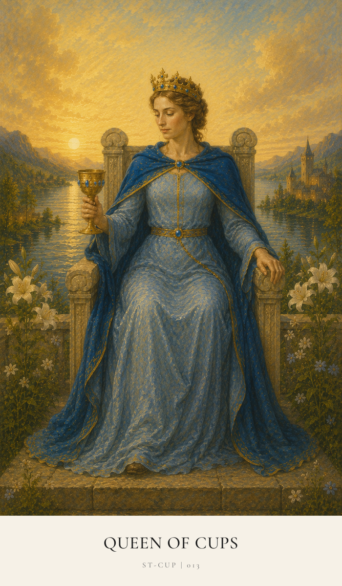 The Queen of Cups sits on a modest throne with a scene of water behind her. She looks at the Cup of love she holds knowingly, as she is aware of exactly the effect she has on others. 