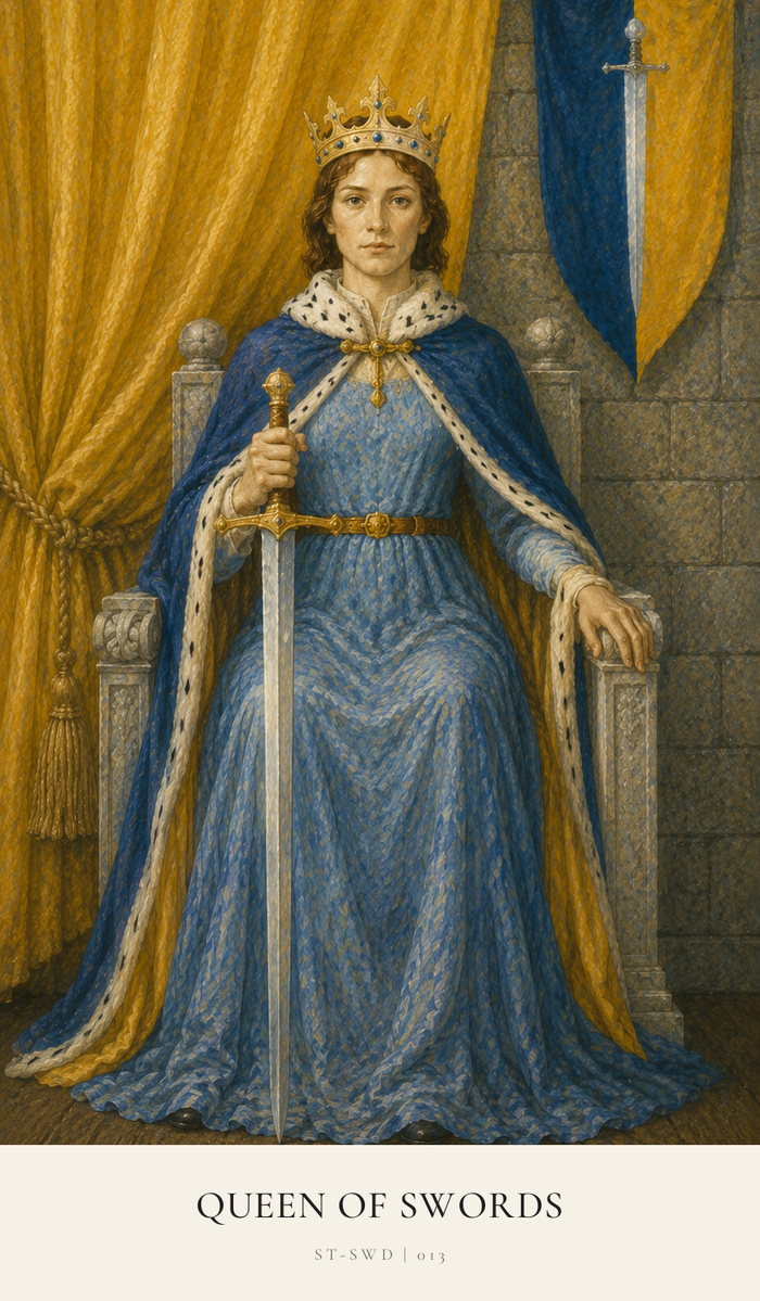 A Queen sits inside a stone castle on a throne of stone. She is regally dressed in blue with a white trim, she wears a gold crown. She holds a long Sword by the hilt at her knee and looks clearly into the eyes of the viewer. 