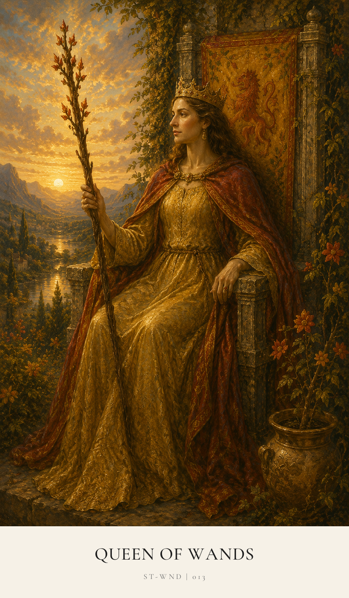 The Queen of Wands sits on the King's throne in his absence. Autumnal leaves and colours are beautiful in the countryside around her. She has her staff ready in her hand for the next thing she is tasked with. A cloth draped on the back of the throne shows a red lion.