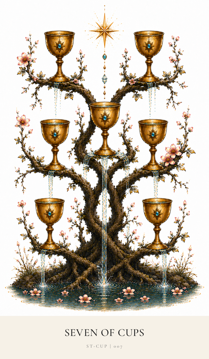 Six Cups in two columns with water streaming down through them, one large Cups sits in the middle of the column with a water stream flowing downwards but none of the steams link the columns of Cups together. The tree's leaves and blooms appear relatively healthy.