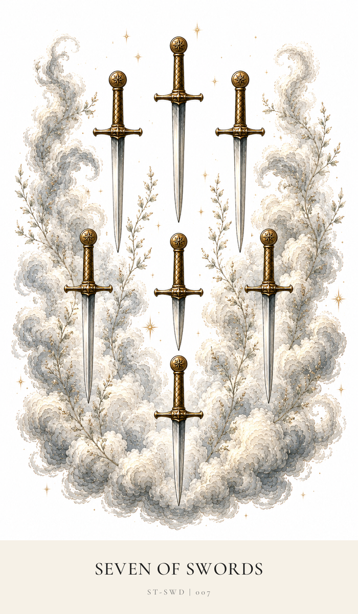 Seven Swords point downwards, not all of the Swords are the same length. The clouds are swirling and dark.