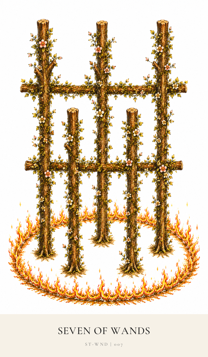 There are three tall Wands at the back rooted in the ground with a wand flat across them (not rooted). There are two shorter Wands at the front, also rooted in the ground with an unrooted Wand across them - creating a gate image of seven Wands. They sit in a circle of small flames.
