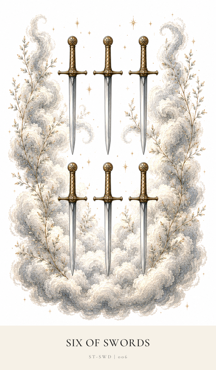 Six Swords sit neatly aligned, pointing down in two rows of three Swords. The clouds are thinner and less stormy.