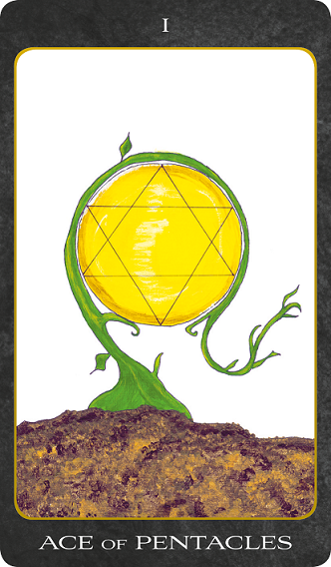 Original hand-painted Ace of Pentacles tarot card by Patricia House from the 2011 Tarot House Deck