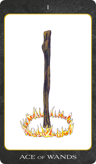 Original hand-painted Ace of Wands tarot card by Patricia House from the 2011 Tarot House Deck