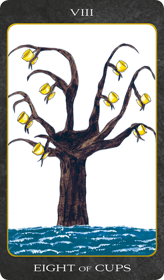 Original hand-painted Eight of Cups tarot card by Patricia House from the 2011 Tarot House Deck