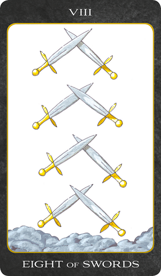 Original hand-painted Eight of Swords tarot card by Patricia House from the 2011 Tarot House Deck