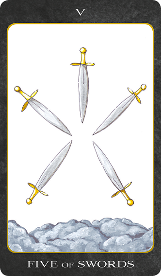 Original hand-painted Five of Swords tarot card by Patricia House from the 2011 Tarot House Deck