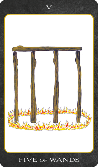 Original hand-painted Five of Wands tarot card by Patricia House from the 2011 Tarot House Deck