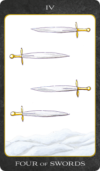 Original hand-painted Four of Swords tarot card by Patricia House from the 2011 Tarot House Deck
