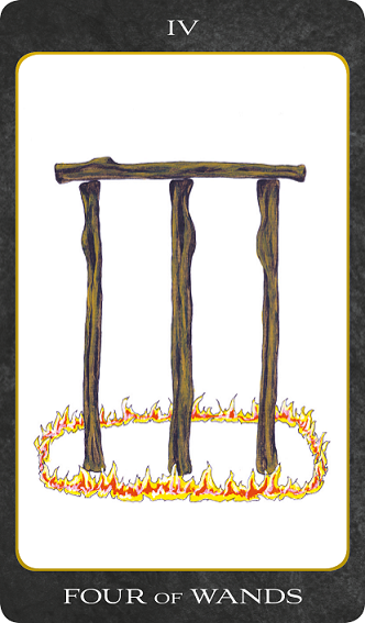 Original hand-painted Four of Wands tarot card by Patricia House from the 2011 Tarot House Deck