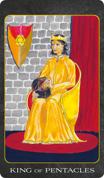 Original hand-painted King of Pentacles tarot card by Patricia House from the 2011 Tarot House Deck