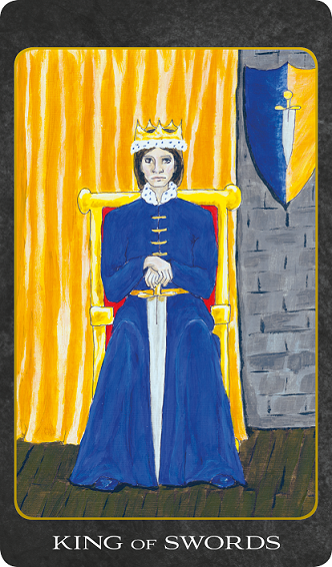 Original hand-painted King of Swords tarot card by Patricia House from the 2011 Tarot House Deck
