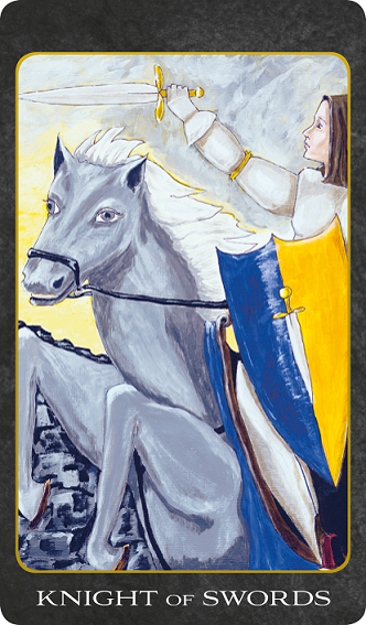 Original hand-painted Knight of Swords tarot card by Patricia House from the 2011 Tarot House Deck