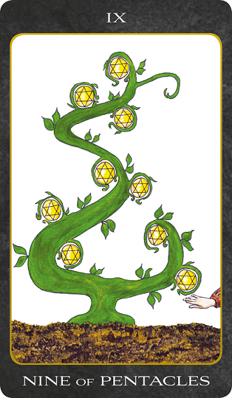 Original hand-painted Nine of Pentacles tarot card by Patricia House from the 2011 Tarot House Deck
