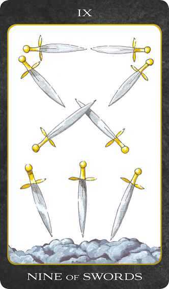 Original hand-painted Nine of Swords tarot card by Patricia House from the 2011 Tarot House Deck
