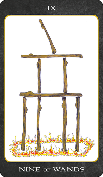 Original hand-painted Nine of Wands tarot card by Patricia House from the 2011 Tarot House Deck