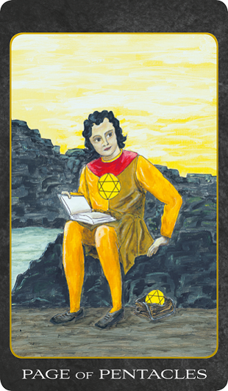 Original hand-painted Page of Pentacles tarot card by Patricia House from the 2011 Tarot House Deck